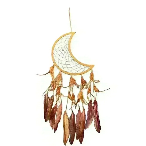 Crescent Moon Dream Catcher Brown Suede Feathers & Beads 34" Long - Picture 1 of 5